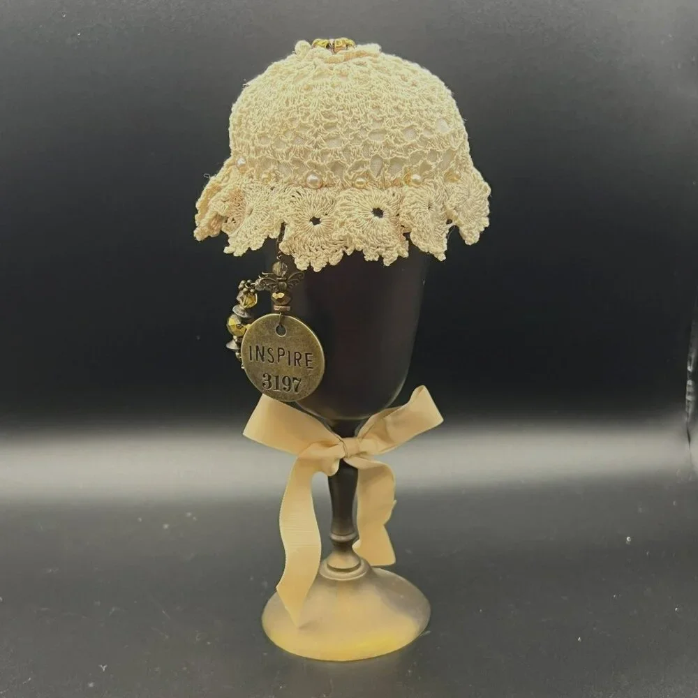Vintage‎ Copper Goblet Upcycled to Pin Cushion vintage Doily Beads